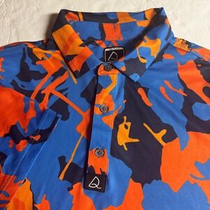 Deolax Mens Performance Golf Polo Shirt‎ Blue Orange Abstract Print Size Large